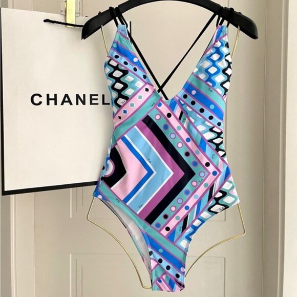 Emilio Pucci Blue and Pink Geometric One Piece Swimsuit - Picture 1 of 9